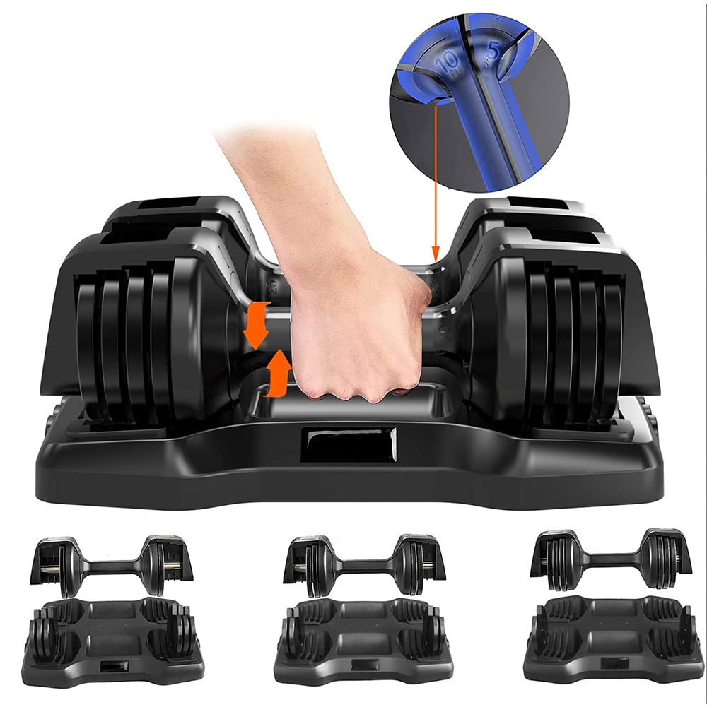 Clover Fitness avec une paire d'haltères réglable jusqu'à 12 kg, matériau acier inoxydable abs et système de verrouillage avec une base pour qu’il reste