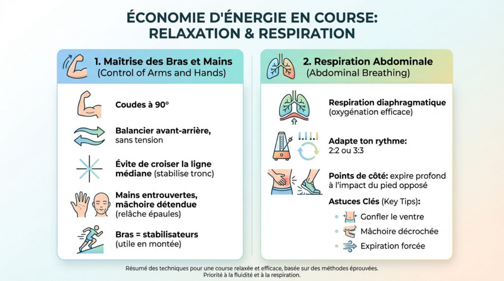 Infographie sur l'économie d'énergie en course. Détaille la maîtrise des bras/mains et les techniques de respiration abdominale.