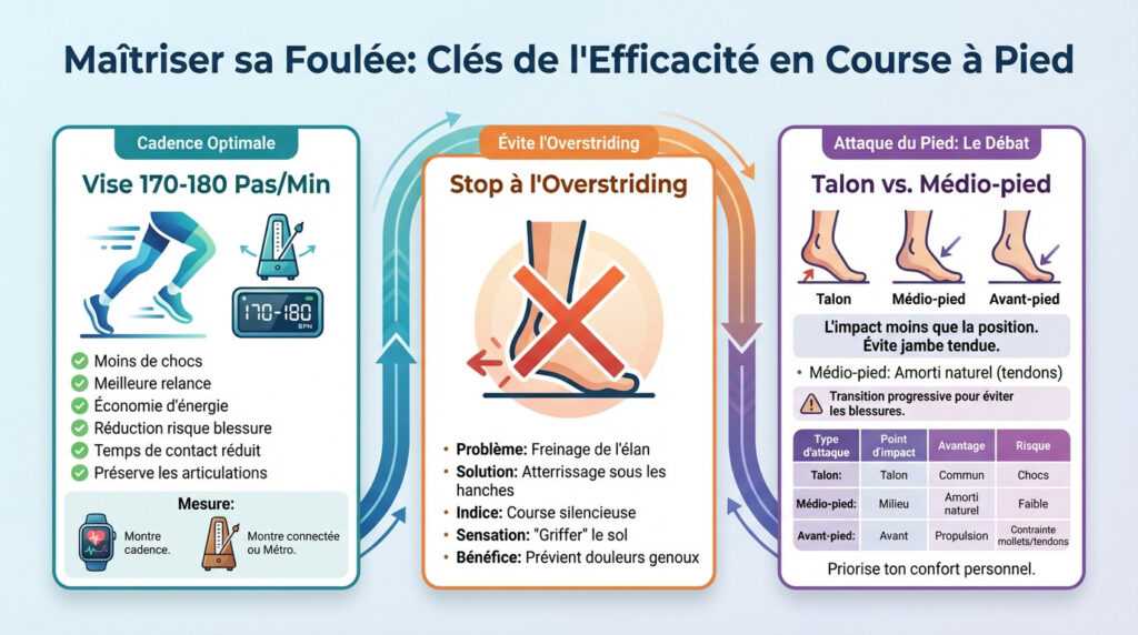 Infographie sur la technique de course: cadence optimale, éviter l'overstriding et les types d'attaque du pied pour prévenir les blessures.