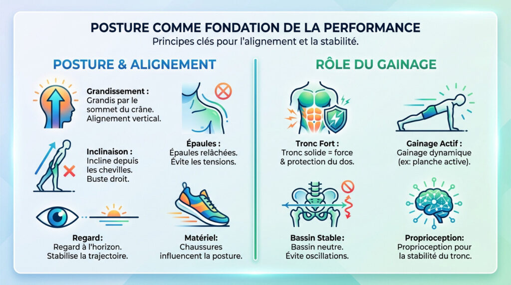 Infographie détaillant les principes de posture et l'importance du gainage pour améliorer la performance sportive et la stabilité.