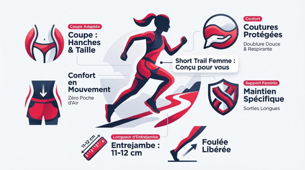 Infographie détaillant les caractéristiques d'un short trail pour femme : coupe adaptée, confort, coutures protégées, support spécifique, entrejambe 11-12 cm et foulée libérée.