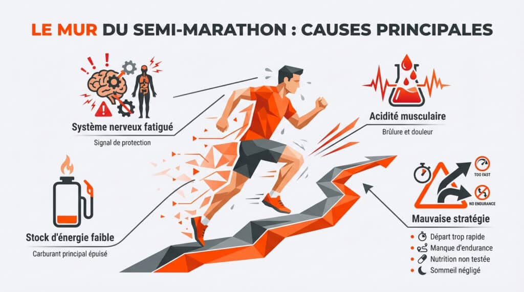 Infographie illustrant les 4 principales causes du « mur » lors d'un semi-marathon : fatigue nerveuse, énergie faible, acidité musculaire, mauvaise stratégie.
