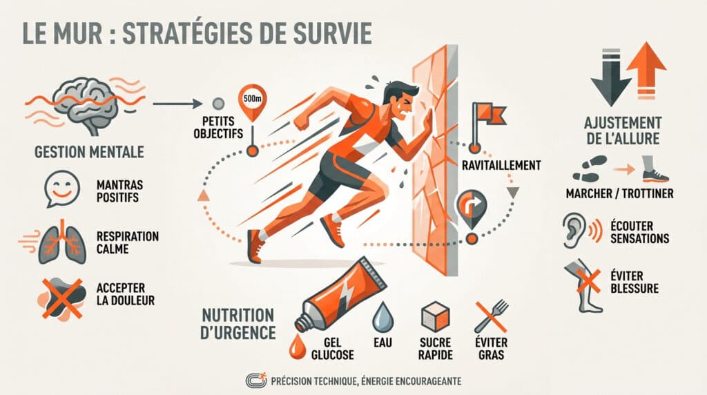 Infographie illustrant les stratégies de survie pour surmonter le mur en course à pied, avec gestion mentale, nutrition et ajustement d'allure.