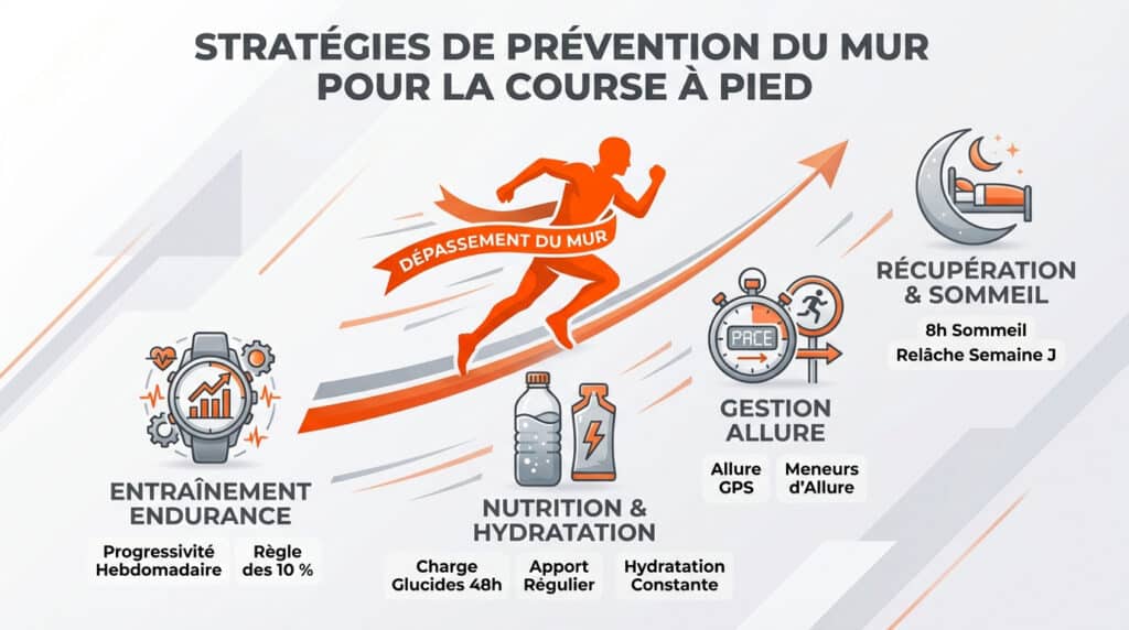 Infographie détaillant les stratégies pour éviter le mur du coureur : endurance, nutrition, gestion d'allure, sommeil.