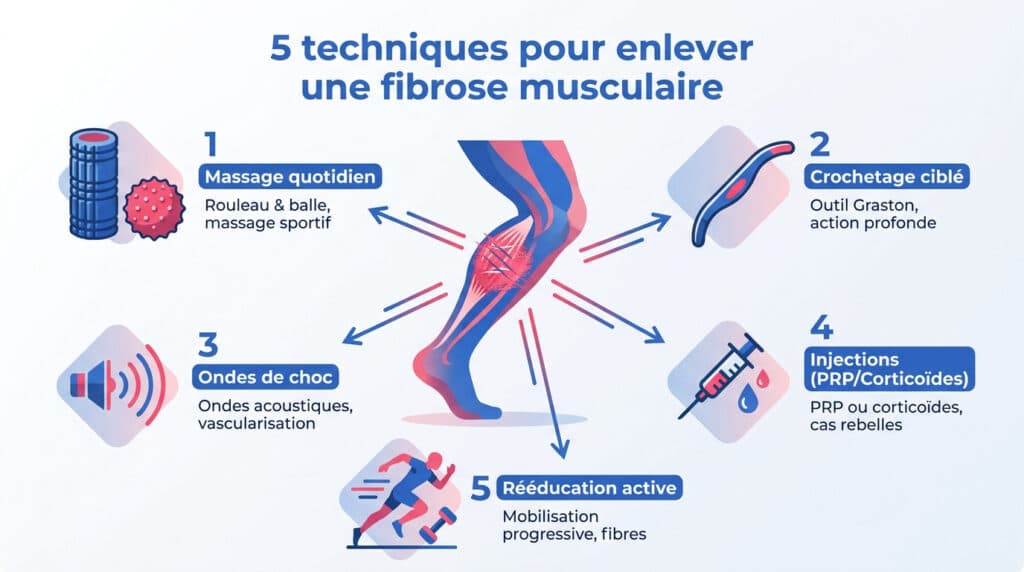 Schéma expliquant 5 solutions pour la fibrose musculaire: massage, crochetage, ondes de choc, injections (PRP/corticoïdes), rééducation active.