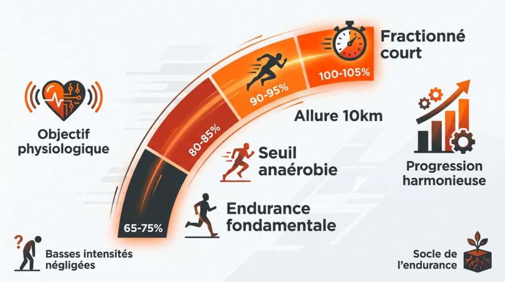 Infographie illustrant les zones d'entraînement de la VMA (Vitesse Maximale Aérobie), de l'endurance fondamentale au fractionné court.