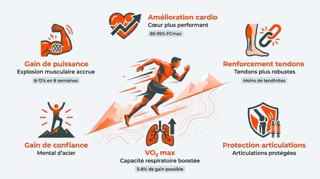 Infographie des 6 bénéfices de l'entraînement en côtes pour les coureurs : puissance, cardio, tendons, confiance, VO2 max, articulations.