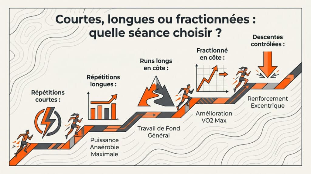 Infographie illustrant 5 types d'entraînements en côte et leurs bénéfices pour les coureurs (répétitions courtes/longues, runs longs, fractionné, descentes contrôlées).