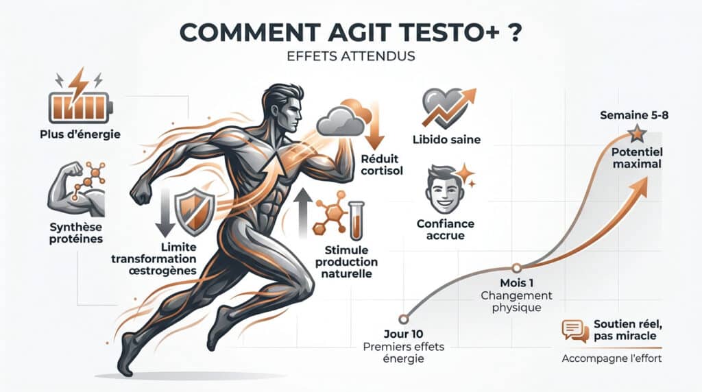 Infographie sur les effets de Testo+, montrant un homme en course, des icônes d'énergie, libido, confiance, synthèse protéines et une courbe de résultats sur 8 semaines.
