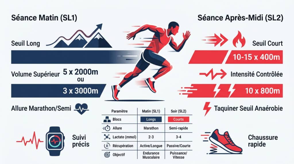 Infographie sur la méthode d'entraînement double seuil pour coureurs, détaillant les séances matin et après-midi avec exercices et paramètres.