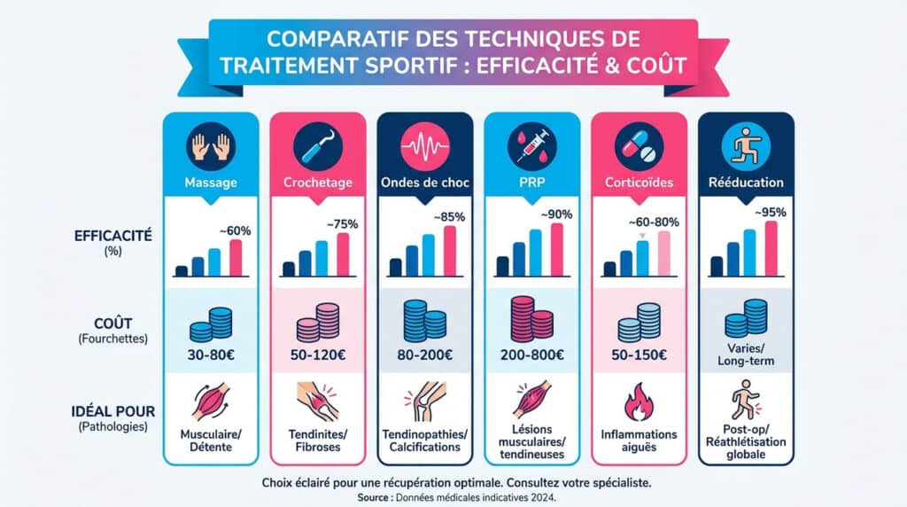 Infographie comparant efficacité, coût et indications de 6 traitements sportifs : massage, crochetage, ondes de choc, PRP, corticoïdes, rééducation.