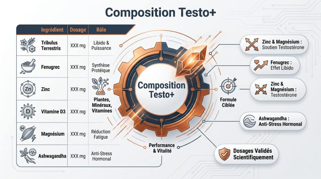 Infographie détaillée de la composition de Testo+, listant les ingrédients comme le Tribulus, Fenugrec, Zinc, Magnésium, Ashwagandha et leurs bienfaits.