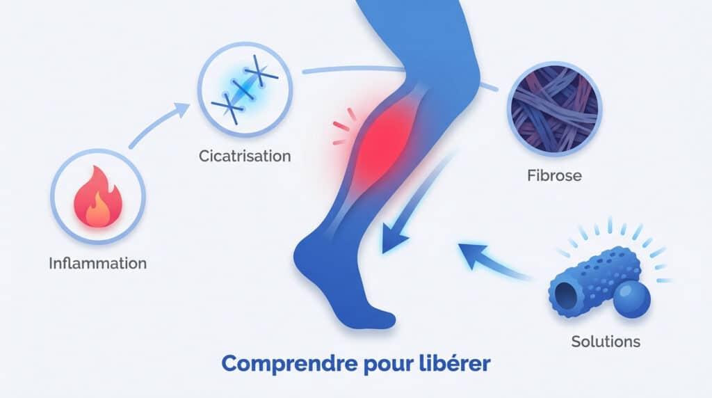 Illustration du cycle de la fibrose musculaire, montrant l'inflammation, la cicatrisation, la formation de la fibrose et les solutions.