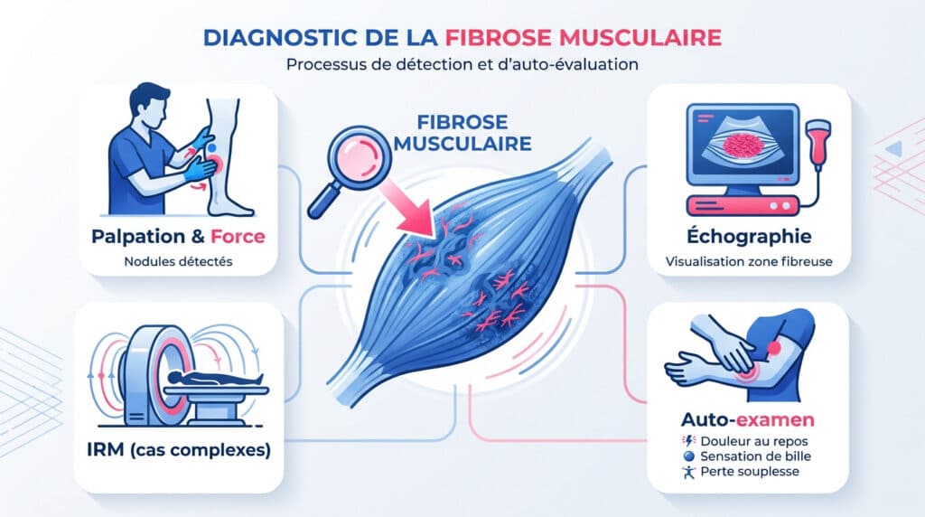 Infographie sur le diagnostic de la fibrose musculaire, incluant la palpation, l'échographie, l'IRM et l'auto-examen.