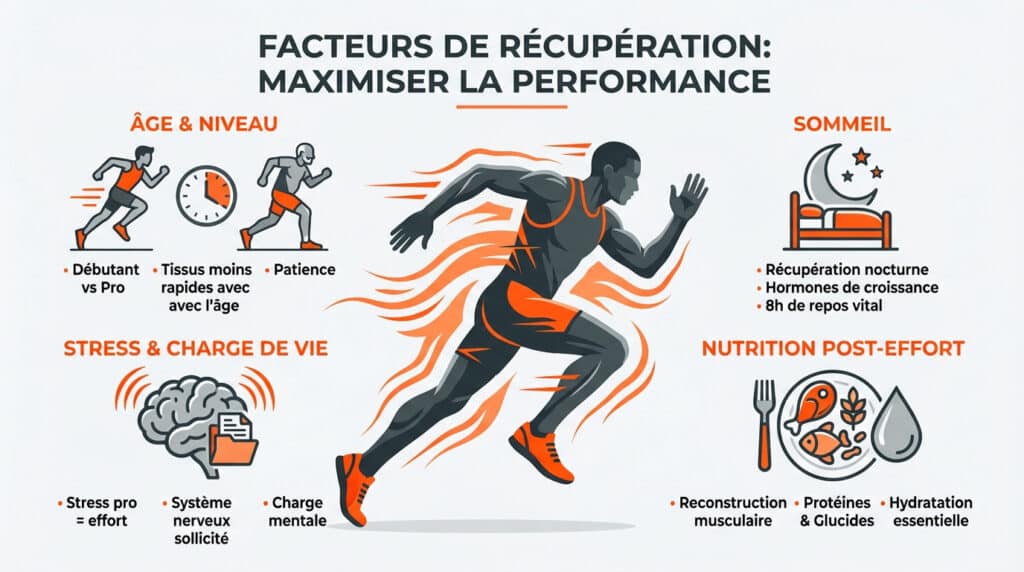 Infographie illustrant les facteurs clés de récupération pour maximiser la performance sportive : âge, niveau, sommeil, stress et nutrition.