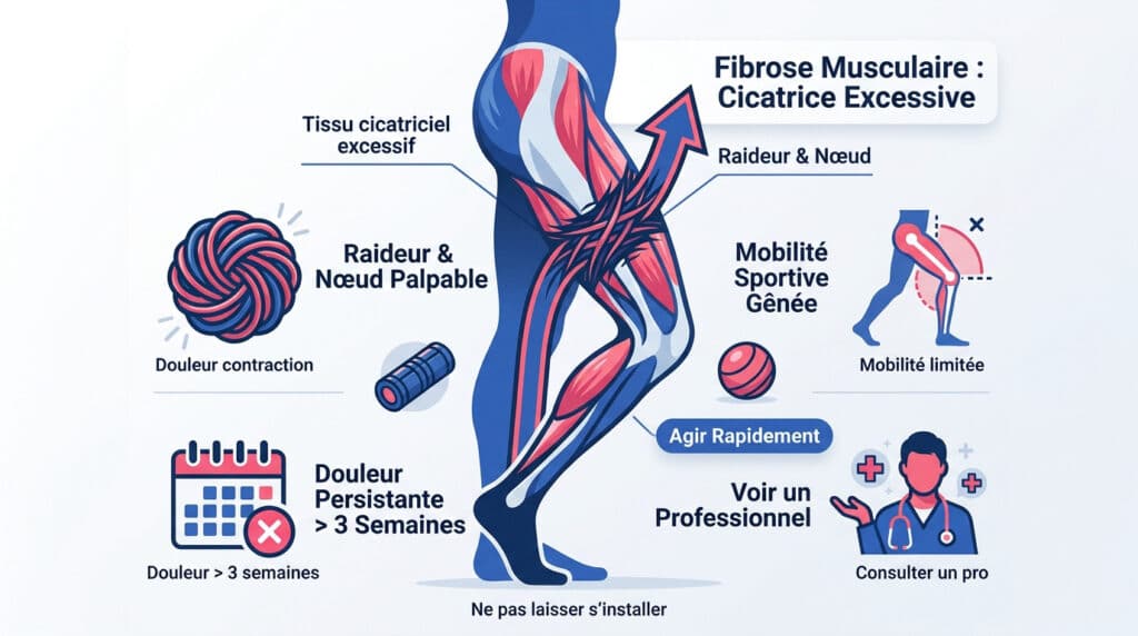 Infographie sur la fibrose musculaire. Montre les symptômes (douleur, raideur, mobilité limitée) et recommande de consulter un professionnel rapidement.