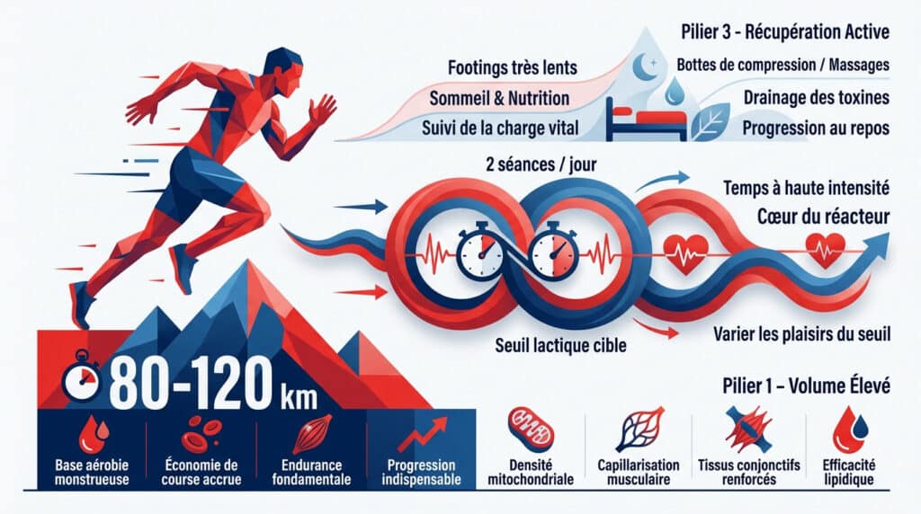 Infographie rouge et bleue de la méthode norvégienne de running avec coureur stylisé, expliquant volume, intensité et récupération.