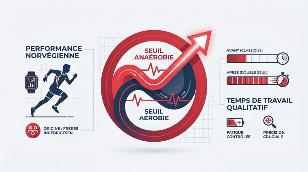 Infographie illustrant la méthode d'entraînement du double seuil, avec un coureur, les seuils aérobie/anaérobie et l'amélioration du temps de travail qualitatif.