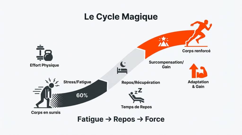 Infographie expliquant le cycle d'entraînement: effort, fatigue, repos, surcompensation et renforcement.