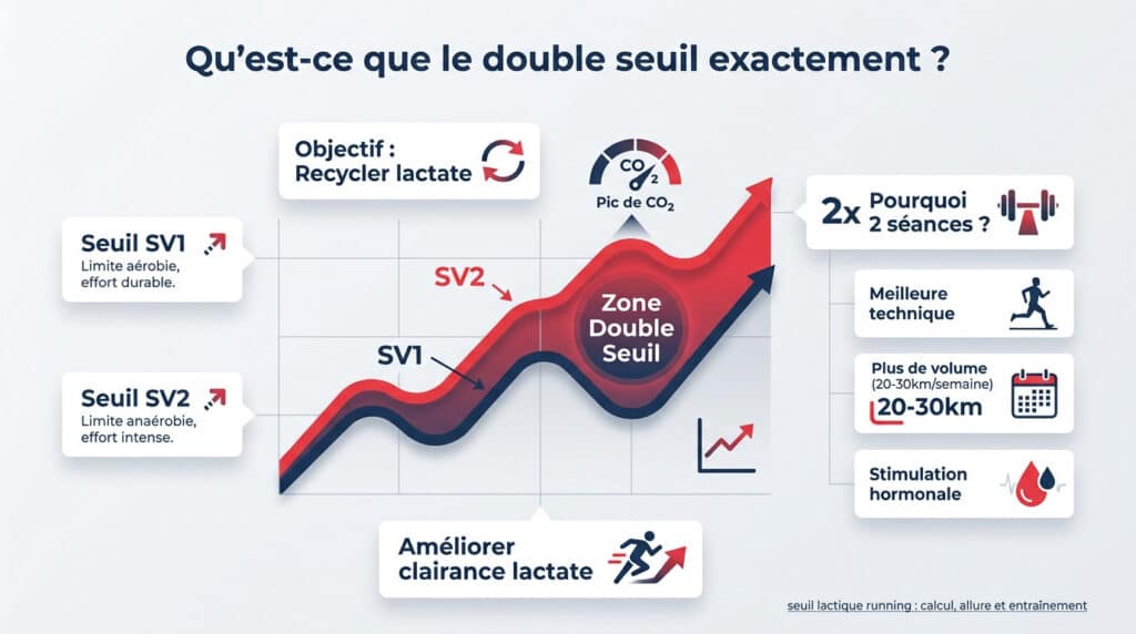 Infographie du double seuil en course à pied, montrant les seuils SV1 et SV2, les objectifs de lactate et les bénéfices pour coureurs.