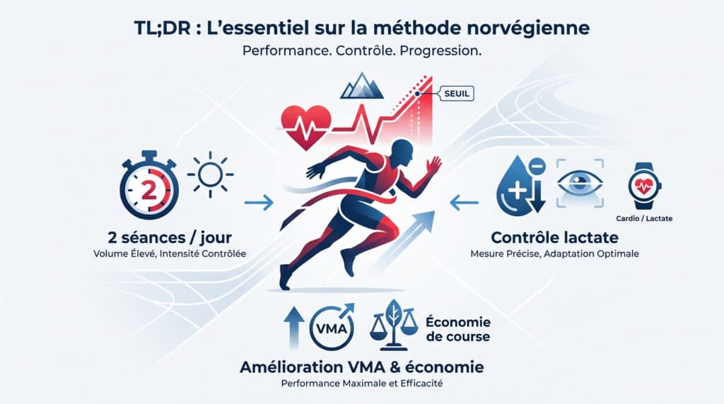 Infographie expliquant la méthode norvégienne d'entraînement : 2 séances/jour, contrôle lactate, amélioration VMA et économie de course.