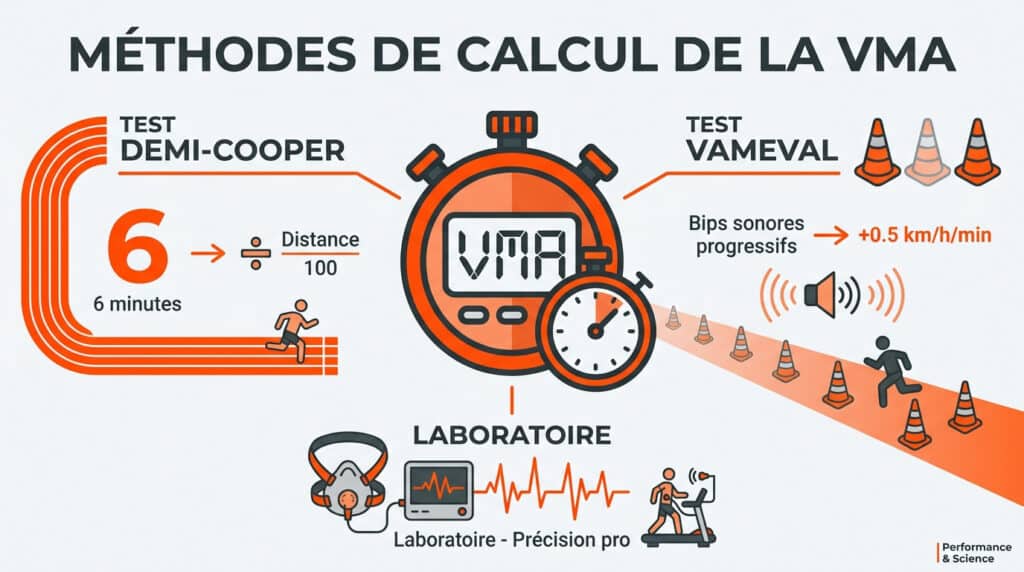 Infographie présentant les méthodes de calcul de la VMA : tests Demi-Cooper, Vameval et en laboratoire.