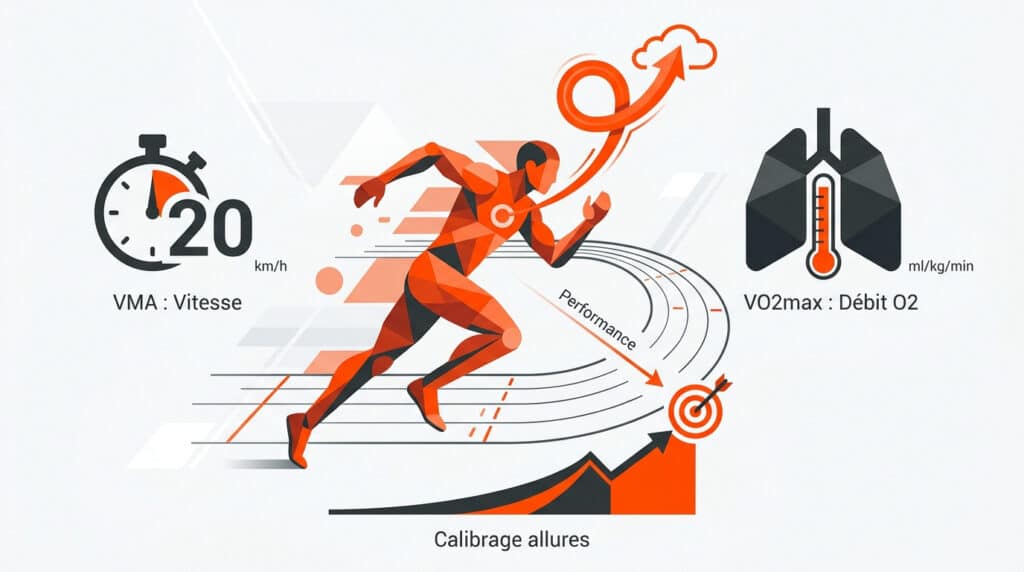 Illustration dynamique d'un coureur, associant VMA (20 km/h), VO2max (débit O2), performance et calibrage d'allures.