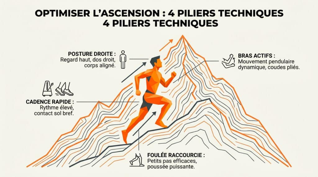 Infographie des 4 piliers techniques pour l'ascension en course à pied : posture, bras, cadence et foulée.