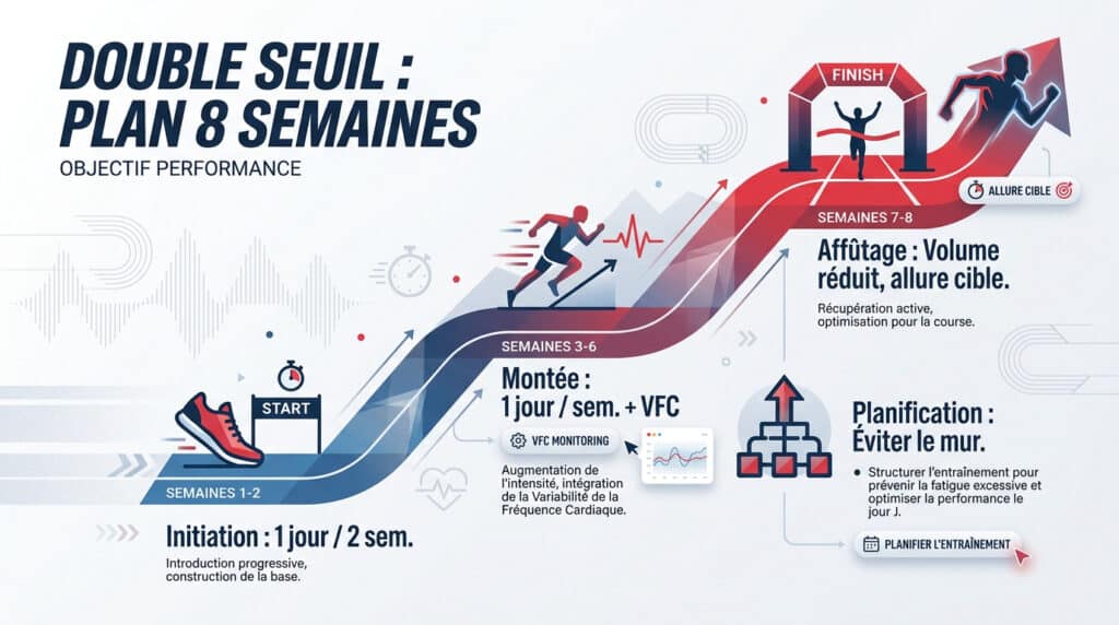 Infographie illustrant un plan d'entraînement de 8 semaines pour la course à pied, décomposé en phases : initiation, montée et affûtage, avec suivi VFC.
