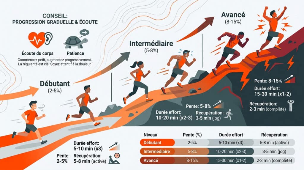 Infographie des niveaux d'entraînement en côtes (débutant, intermédiaire, avancé) : pentes, efforts, récupérations. Conseils de progression.