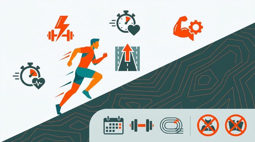 Illustration d'un coureur en montée, entouré d'icônes représentant la force, l'endurance, la planification et la prévention des blessures.