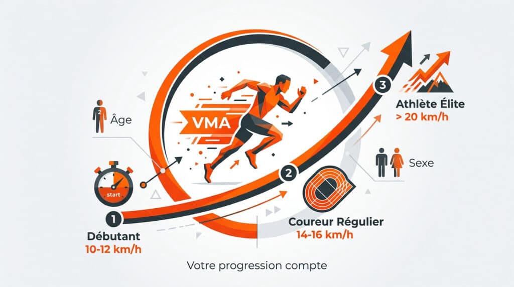 Infographie illustrant la VMA et la progression en course, du débutant à l'athlète élite, avec facteurs âge et sexe.
