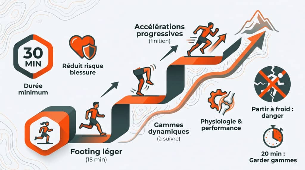 Infographie détaillée sur l'échauffement progressif pour la course en côte, avec conseils clés et durée pour éviter les blessures.
