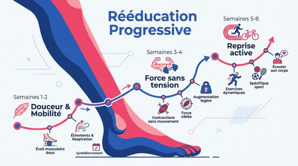 Infographie sur le programme de rééducation musculaire progressive en 3 étapes sur 8 semaines : mobilité, renforcement et reprise.