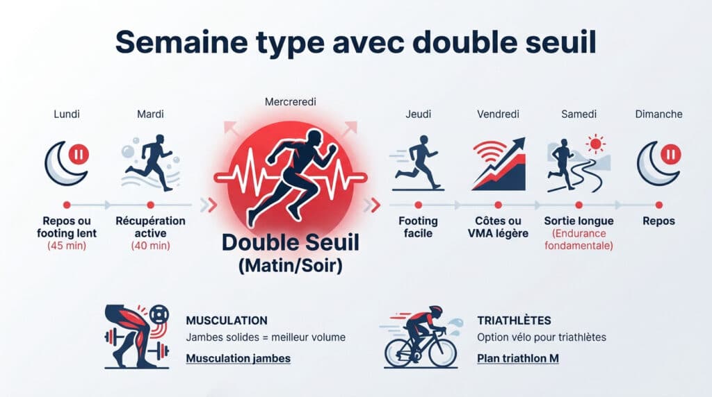 Infographie d'un plan d'entraînement hebdomadaire de course à pied axé sur le double seuil, détaillant les activités jour par jour.
