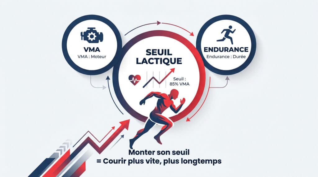 Infographie sur le seuil lactique en course à pied. Montre les liens entre VMA, endurance et courir plus vite, plus longtemps.