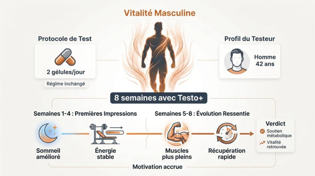 Infographie détaillant les bénéfices de Testo+ sur 8 semaines : amélioration du sommeil, énergie, muscles, récupération et vitalité.