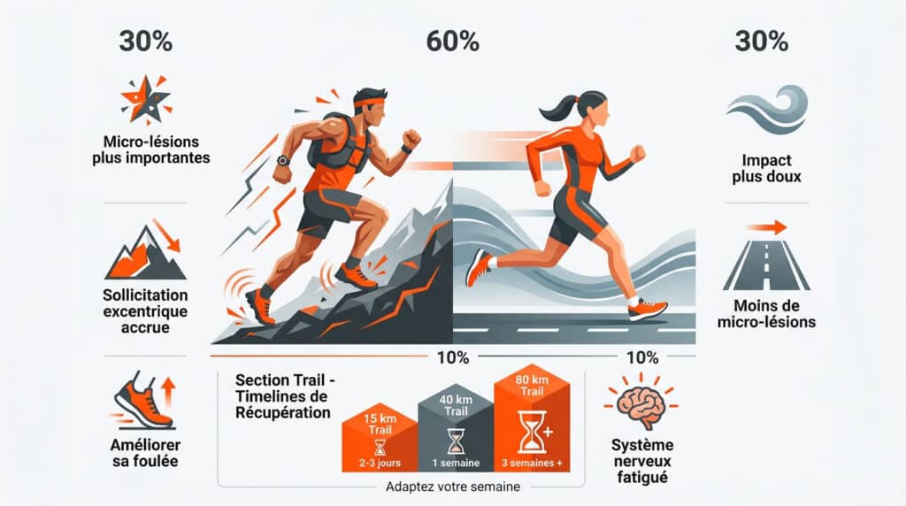 Infographie comparant le trail running (micro-lésions, charge excentrique) et la course sur route (impact doux), avec temps de récupération et fatigue nerveuse.