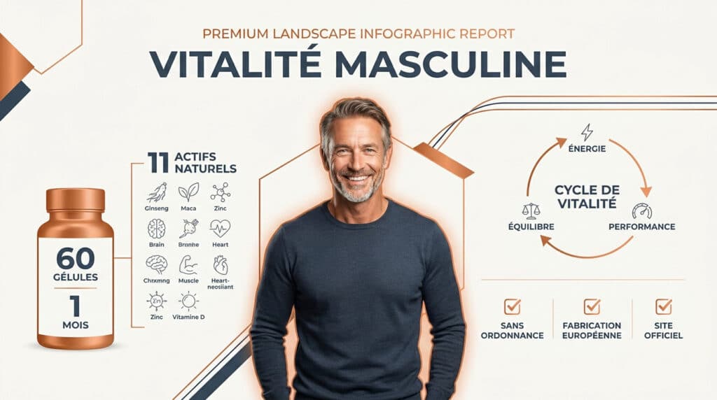 Infographie sur la vitalité masculine. Un homme souriant, une bouteille de 60 gélules, 11 actifs naturels et le cycle de vitalité.