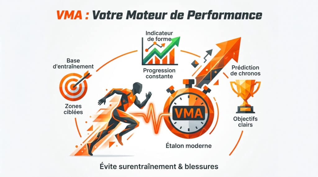 Infographie expliquant la VMA avec un coureur, un chronomètre et les bénéfices pour l'entraînement et la progression.