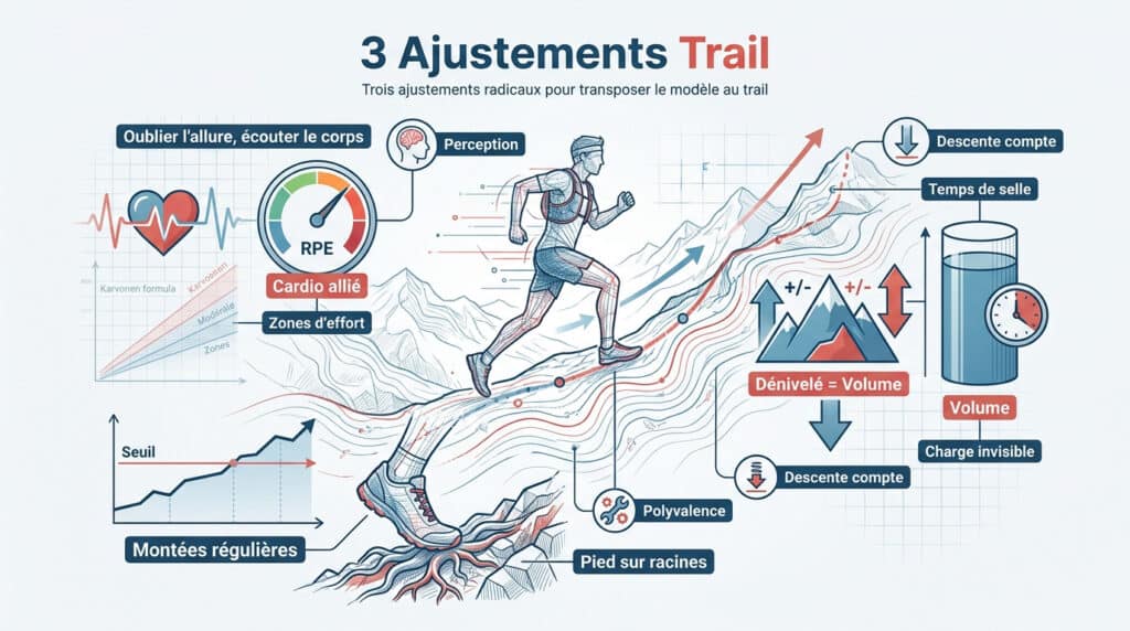 Infographie sur les 3 ajustements du trail running selon la méthode norvégienne, incluant RPE, dénivelé et volume.