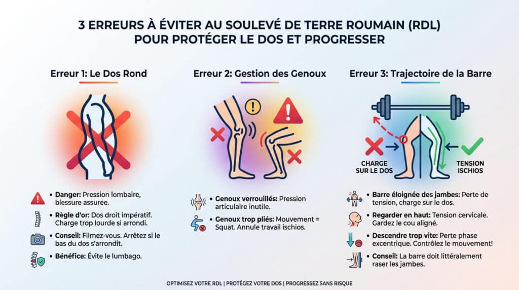 Infographie sur 3 erreurs à éviter au Soulevé de Terre Roumain (RDL) : dos rond, gestion genoux, trajectoire barre. Conseils pour protéger le dos.