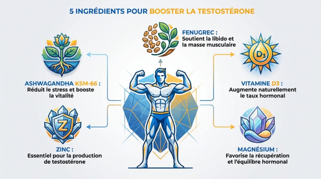 Infographie montrant un homme musclé entouré de 5 ingrédients : Ashwagandha, fenugrec, vitamine D3, zinc et magnésium.