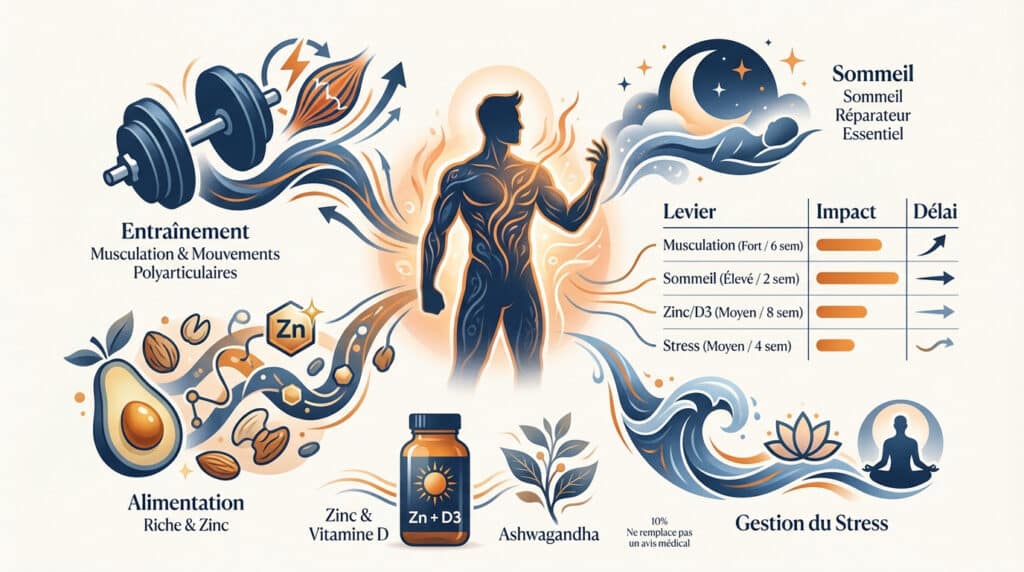 Infographie illustrant les méthodes naturelles pour booster la testostérone : sport, sommeil, alimentation et gestion stress.