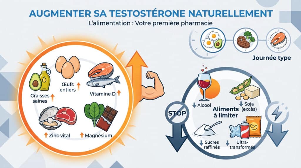 Infographie montrant les aliments pour augmenter la testostérone et ceux à limiter pour la santé hormonale.