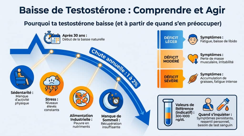 Infographie sur la baisse naturelle de la testostérone, ses causes et les symptômes associés.