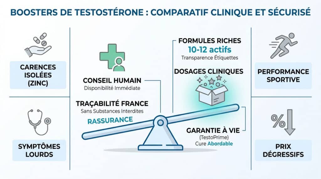 Infographie comparant les avantages des boosters de testostérone sécurisés avec conseils, traçabilité et garanties.