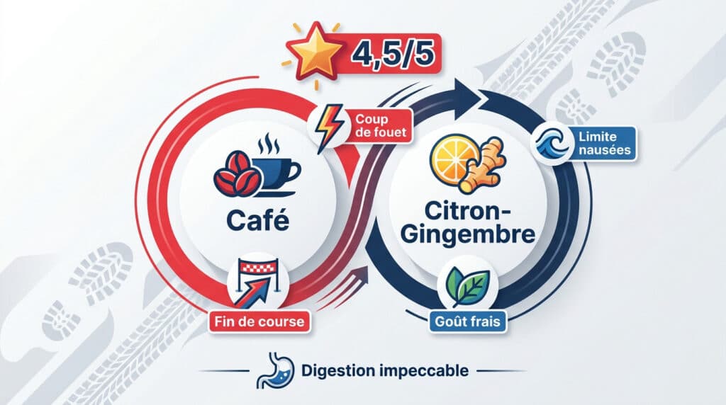 Infographie comparant les avantages des gels énergétiques Mulebar au café et citron-gingembre avec une note de 4,5/5.