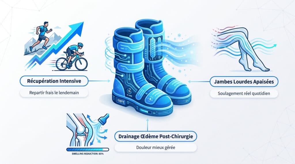 Infographie illustrant les avantages des bottes de cryothérapie pour la récupération sportive et le soin médical.