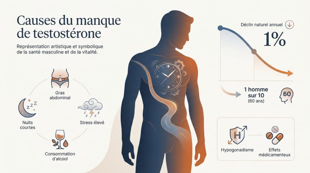 Infographie sur les causes du déclin de testostérone chez l'homme illustrant le vieillissement, le stress et l'hygiène.